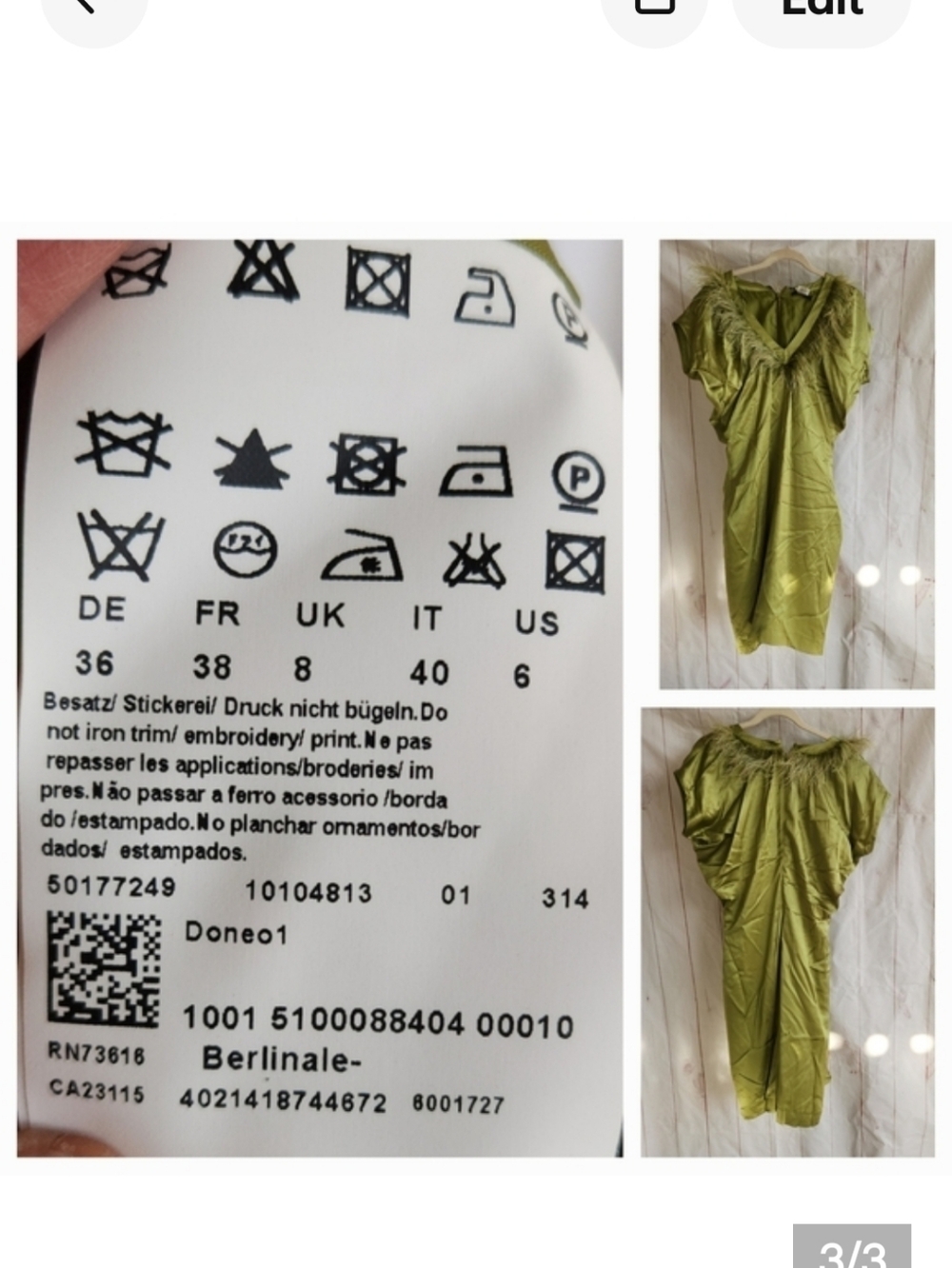 BOSS Olive Green Feather-Trim V-Neck Midi Dress - Picture 2 of 2